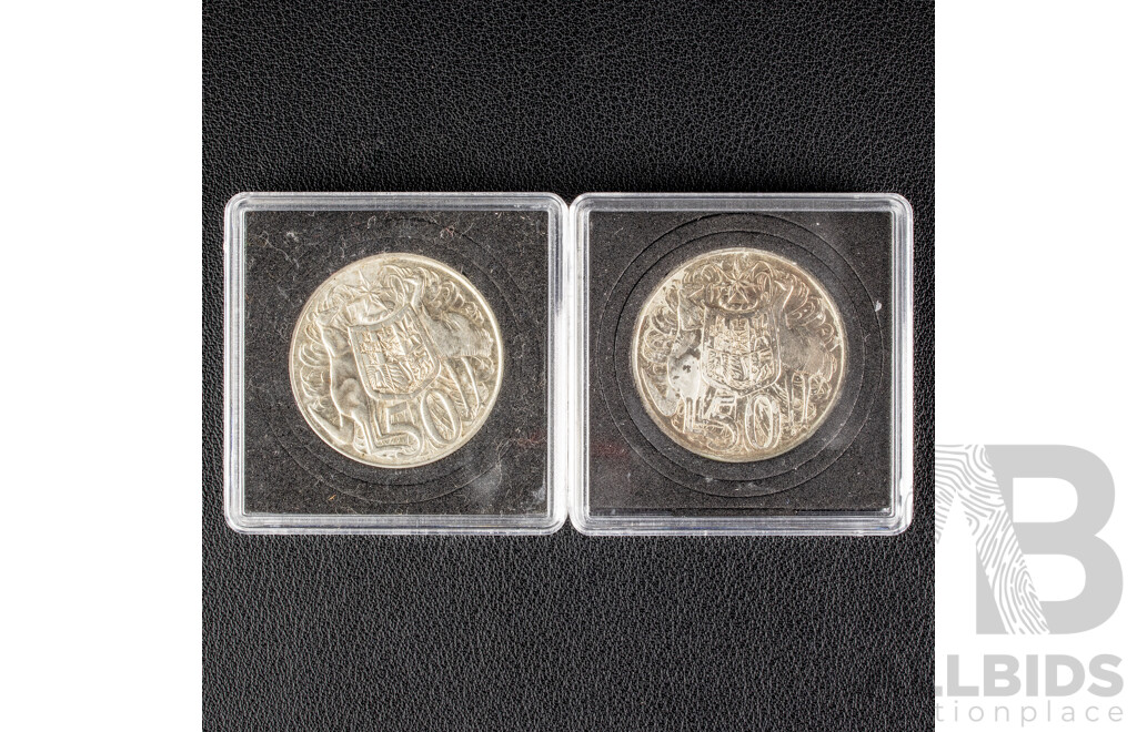 Two Australian 1966 Round Silver Fifty Cent Coins .800