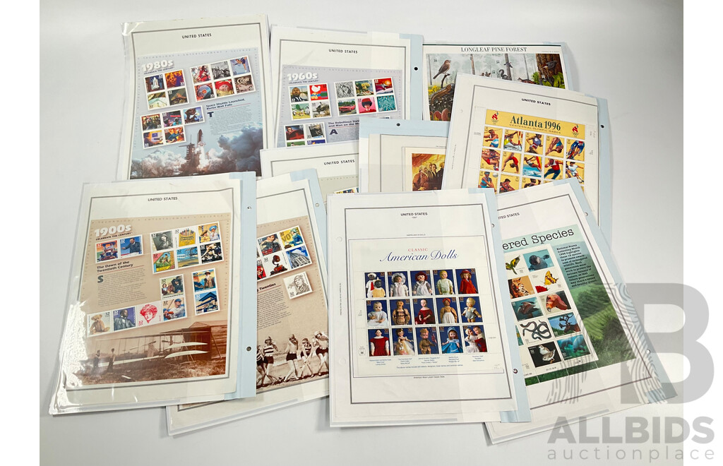USA Mint Mini Stamp Sheets Including Great Plains Prairie, Celebrate the Century 1900's to 1990's, Classic American Dolls, Atlanta 1996, Signing of Independence 1976 and More