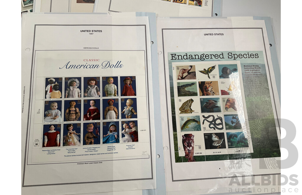 USA Mint Mini Stamp Sheets Including Great Plains Prairie, Celebrate the Century 1900's to 1990's, Classic American Dolls, Atlanta 1996, Signing of Independence 1976 and More