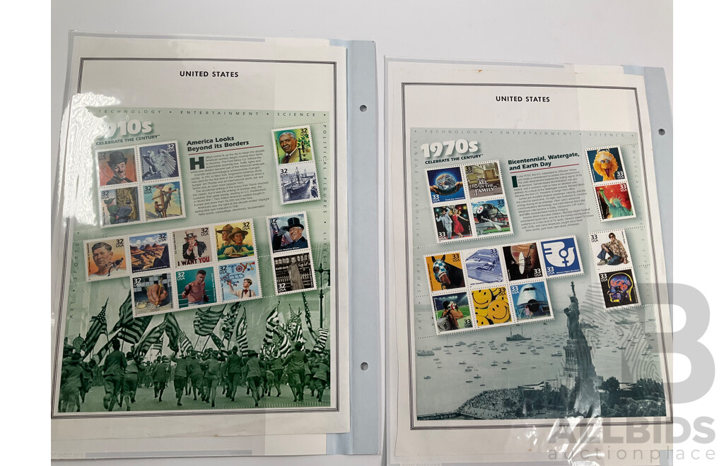 USA Mint Mini Stamp Sheets Including Great Plains Prairie, Celebrate the Century 1900's to 1990's, Classic American Dolls, Atlanta 1996, Signing of Independence 1976 and More