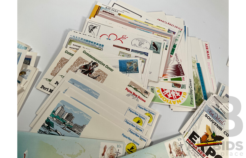 Collection of First Day Covers and Pre Stamped Envelopes Including Papua New Guinea 1984-1993, Norfork Island 1966-2004 with Stamp Booklets, New Zealand