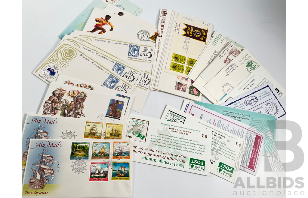 Collection of First Day Covers and Pre Stamped Envelopes Including Papua New Guinea 1984-1993, Norfork Island 1966-2004 with Stamp Booklets, New Zealand