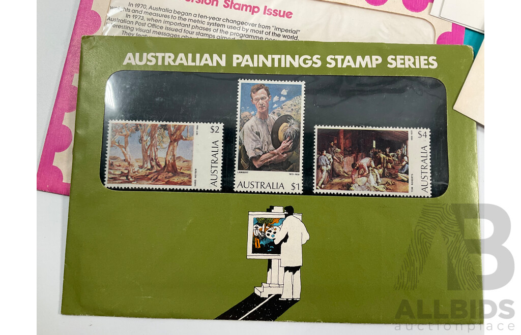 Collection of Australian Stamp Packs and First Day Covers Including Ten 1970's Examples, Australian Paintings Stamp Series, Down on the Farm Stamp Fun Book, 1982 Commonwealth Games Set, Australian Rock and Roll, Olympic Legends Sets