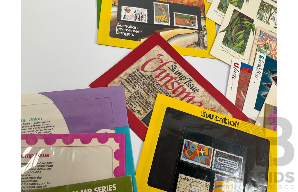 Collection of Australian Stamp Packs and First Day Covers Including Ten 1970's Examples, Australian Paintings Stamp Series, Down on the Farm Stamp Fun Book, 1982 Commonwealth Games Set, Australian Rock and Roll, Olympic Legends Sets