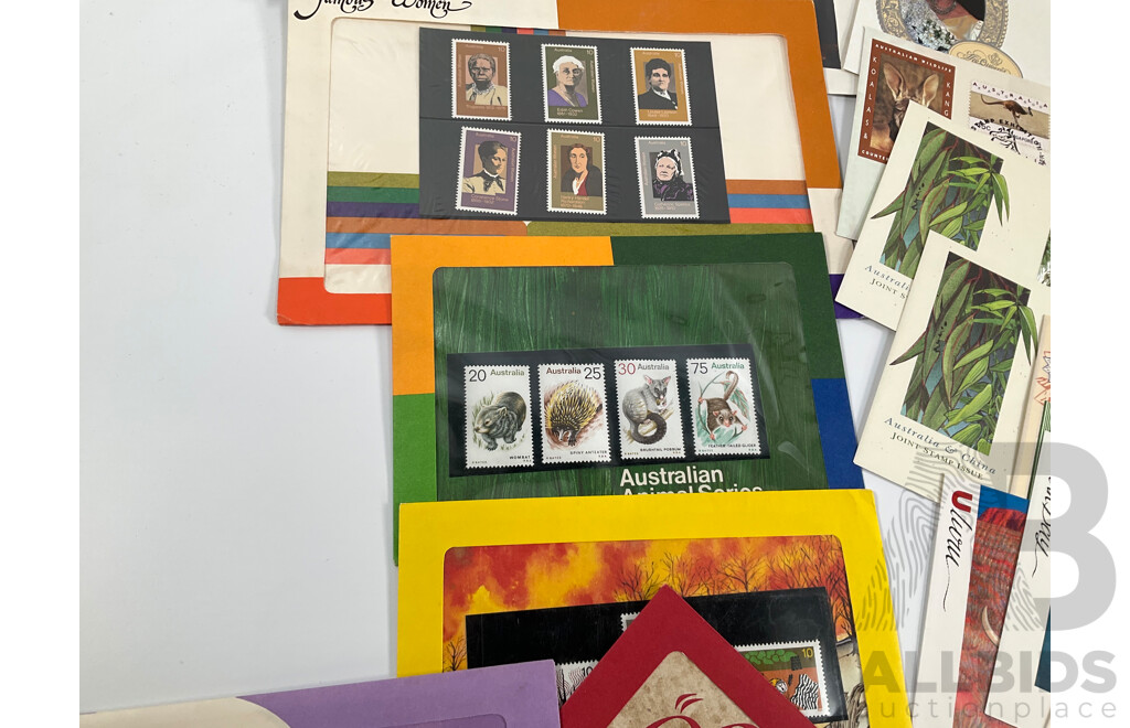 Collection of Australian Stamp Packs and First Day Covers Including Ten 1970's Examples, Australian Paintings Stamp Series, Down on the Farm Stamp Fun Book, 1982 Commonwealth Games Set, Australian Rock and Roll, Olympic Legends Sets