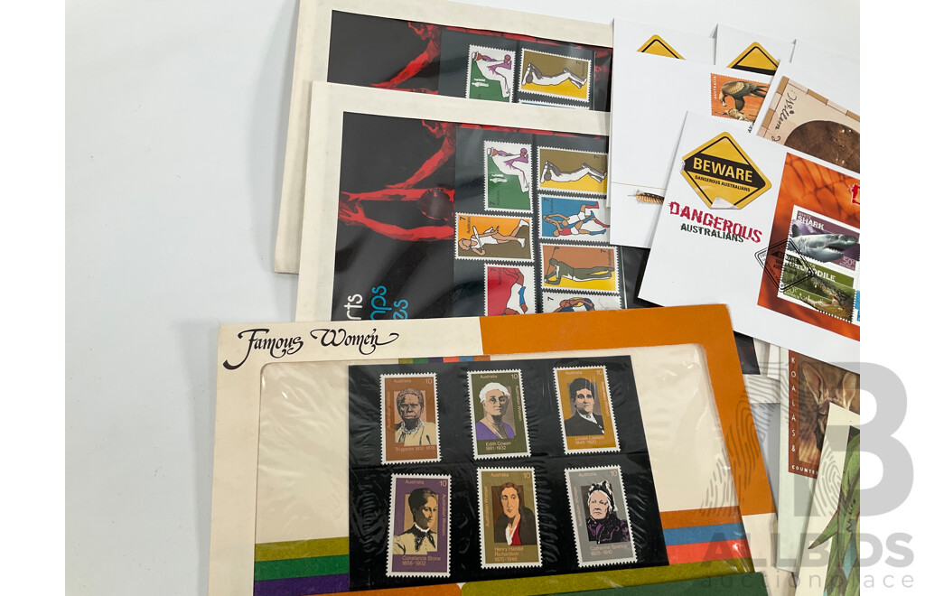 Collection of Australian Stamp Packs and First Day Covers Including Ten 1970's Examples, Australian Paintings Stamp Series, Down on the Farm Stamp Fun Book, 1982 Commonwealth Games Set, Australian Rock and Roll, Olympic Legends Sets