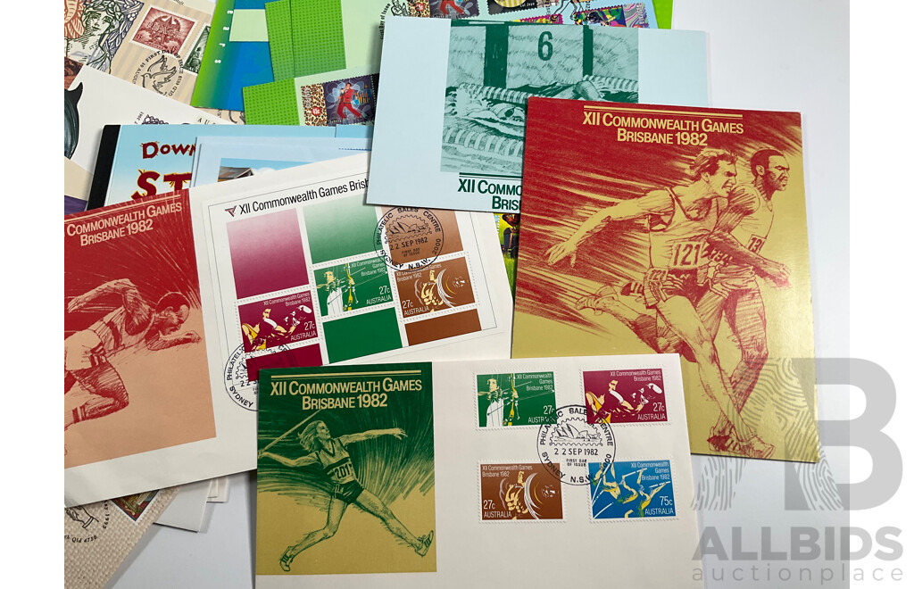 Collection of Australian Stamp Packs and First Day Covers Including Ten 1970's Examples, Australian Paintings Stamp Series, Down on the Farm Stamp Fun Book, 1982 Commonwealth Games Set, Australian Rock and Roll, Olympic Legends Sets