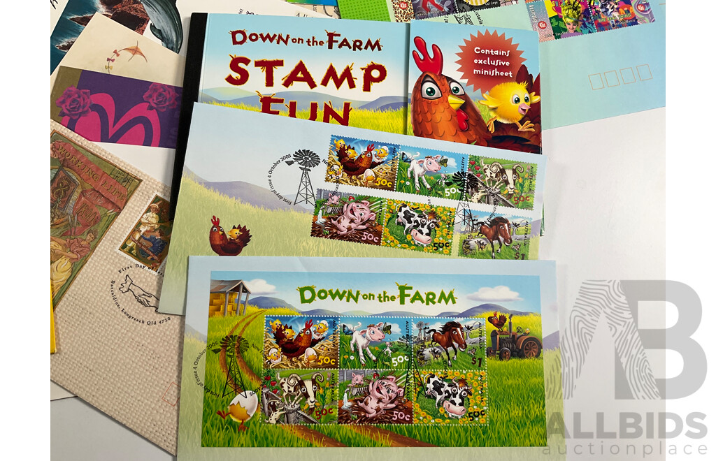 Collection of Australian Stamp Packs and First Day Covers Including Ten 1970's Examples, Australian Paintings Stamp Series, Down on the Farm Stamp Fun Book, 1982 Commonwealth Games Set, Australian Rock and Roll, Olympic Legends Sets
