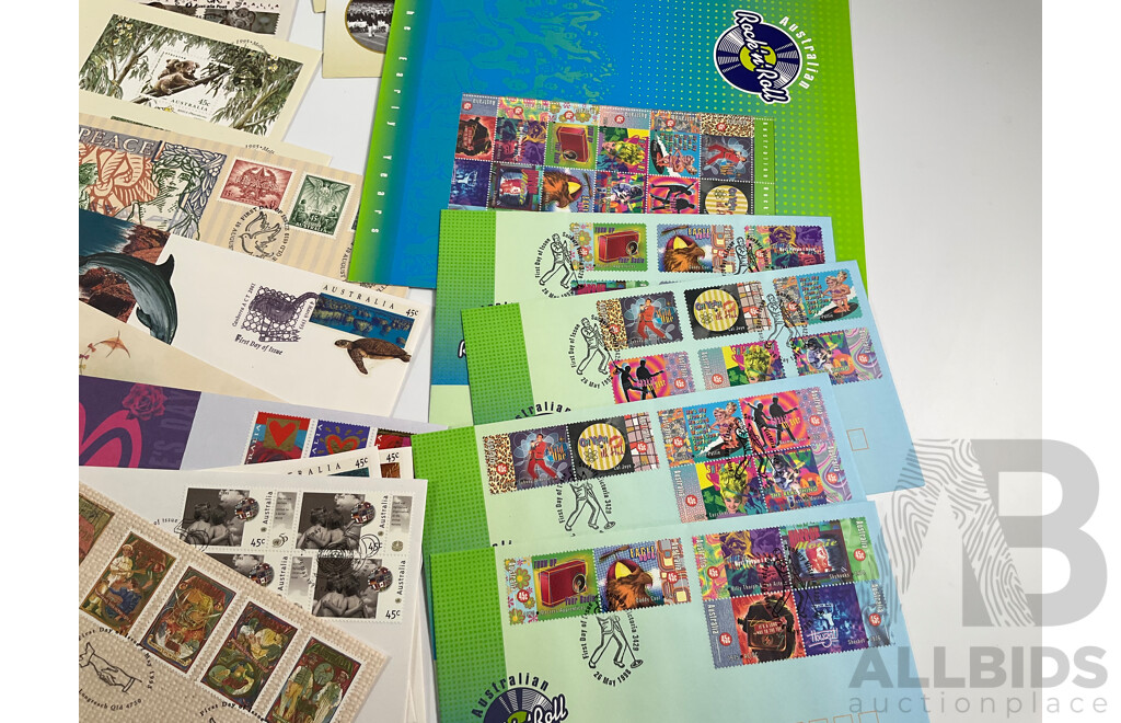 Collection of Australian Stamp Packs and First Day Covers Including Ten 1970's Examples, Australian Paintings Stamp Series, Down on the Farm Stamp Fun Book, 1982 Commonwealth Games Set, Australian Rock and Roll, Olympic Legends Sets