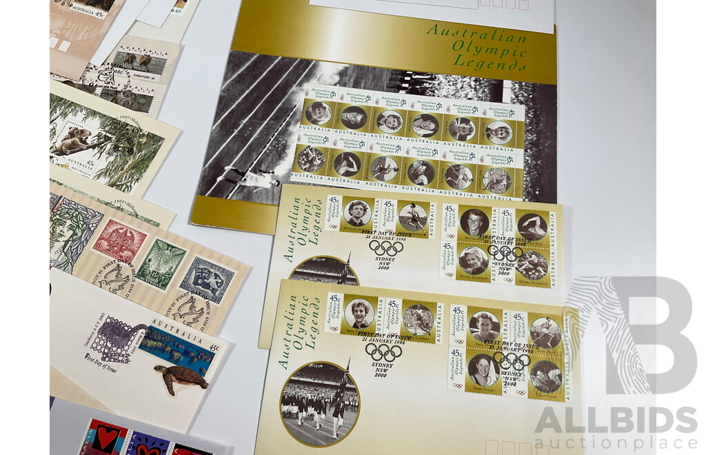 Collection of Australian Stamp Packs and First Day Covers Including Ten 1970's Examples, Australian Paintings Stamp Series, Down on the Farm Stamp Fun Book, 1982 Commonwealth Games Set, Australian Rock and Roll, Olympic Legends Sets