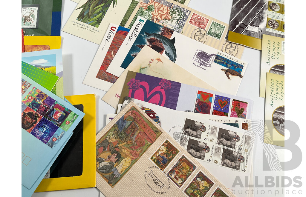 Collection of Australian Stamp Packs and First Day Covers Including Ten 1970's Examples, Australian Paintings Stamp Series, Down on the Farm Stamp Fun Book, 1982 Commonwealth Games Set, Australian Rock and Roll, Olympic Legends Sets
