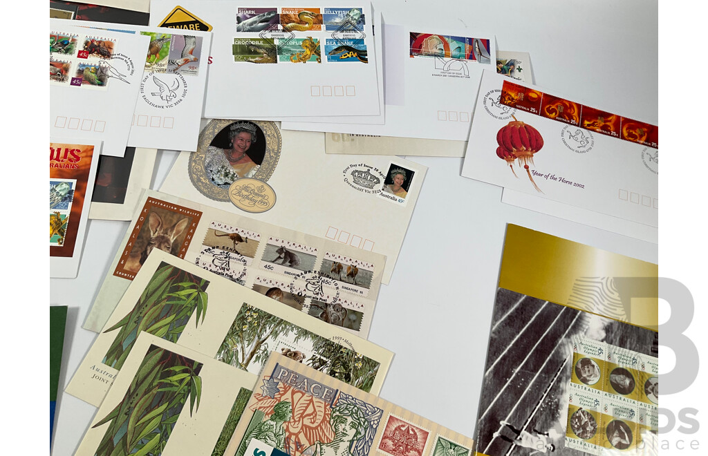 Collection of Australian Stamp Packs and First Day Covers Including Ten 1970's Examples, Australian Paintings Stamp Series, Down on the Farm Stamp Fun Book, 1982 Commonwealth Games Set, Australian Rock and Roll, Olympic Legends Sets