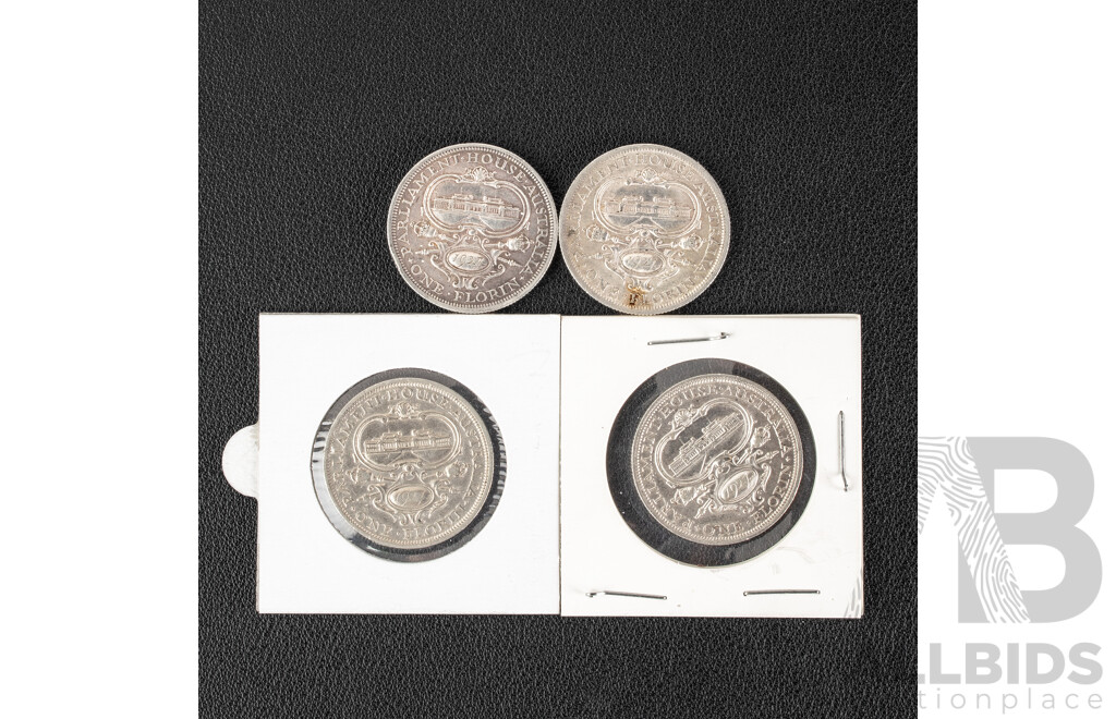 Four Australian 1927 KGV Silver Florins, Commemorative Parliament House .925
