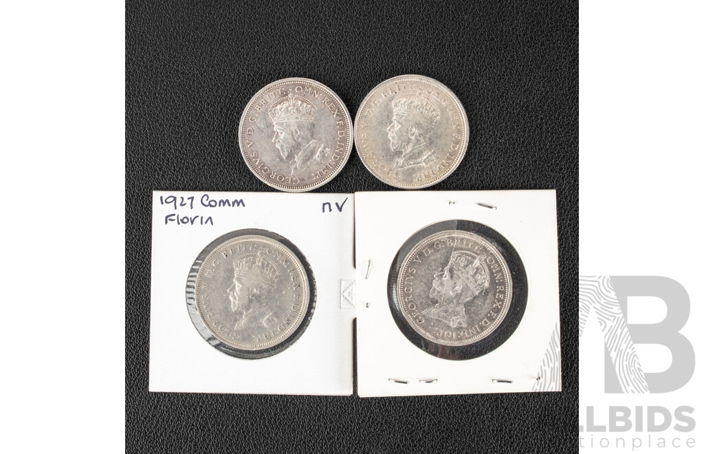 Four Australian 1927 KGV Silver Florins, Commemorative Parliament House .925