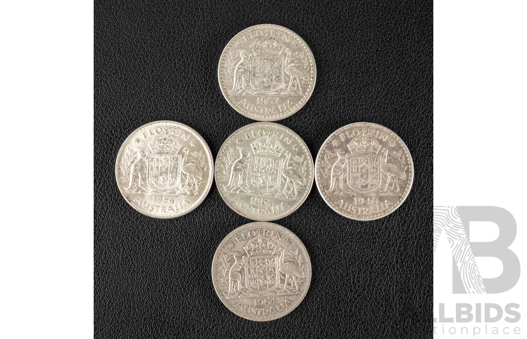 Five Australian Silver Florins Including 1940, 1954(3) 1957