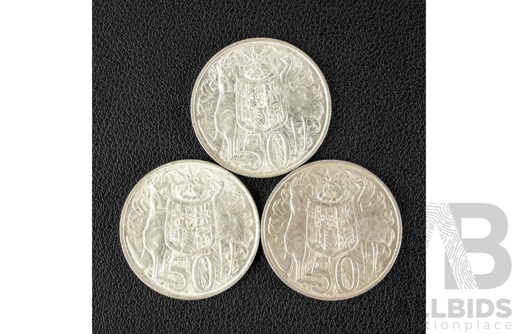 Three Australian 1966 Round Silver Fifty Cent Coins .800