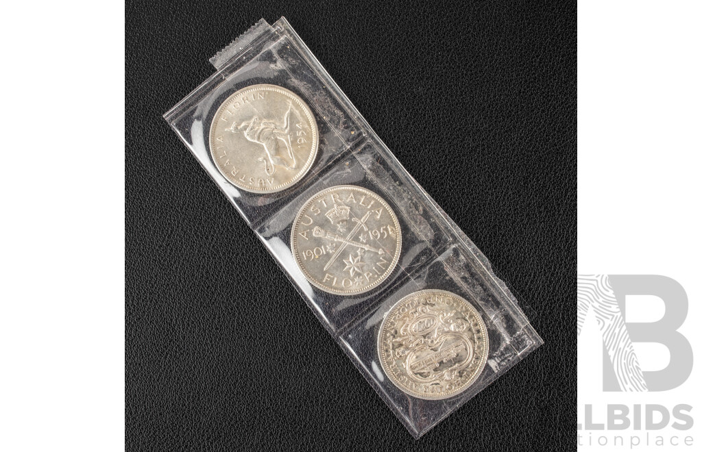 Three Australian Silver Commemorative Florins Including 1927 Parliament House, 1951 Federation and 1954 Royal Visit