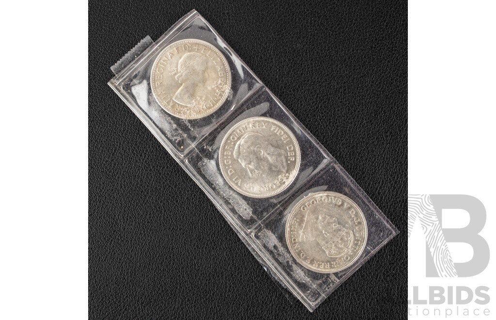 Three Australian Silver Commemorative Florins Including 1927 Parliament House, 1951 Federation and 1954 Royal Visit