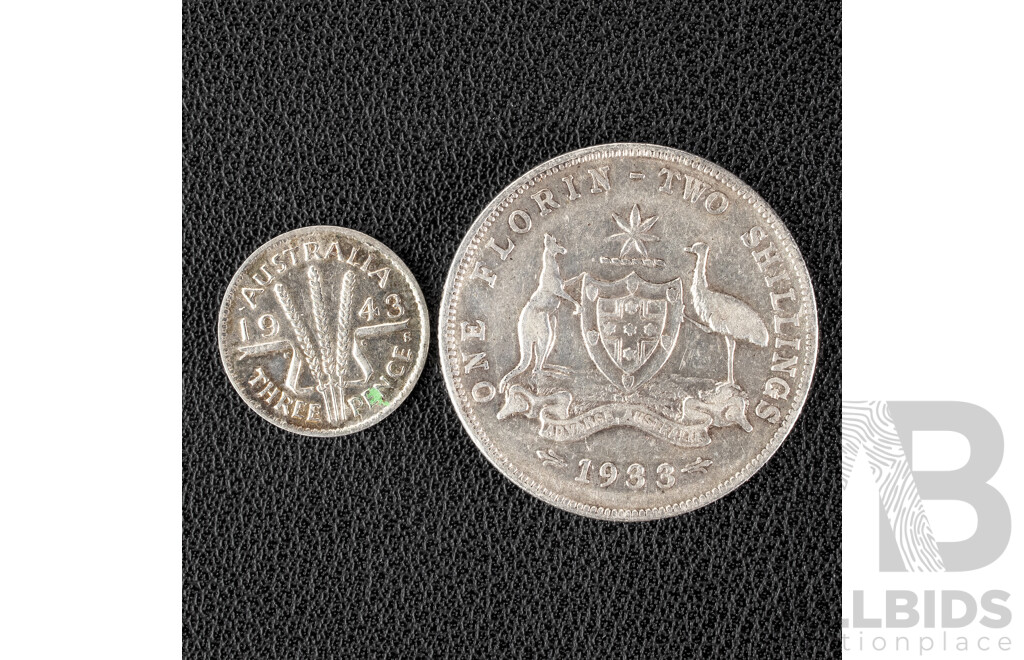 Australian KGV 1933 Silver Florin and 1943 Silver Threepence, High Grade .925