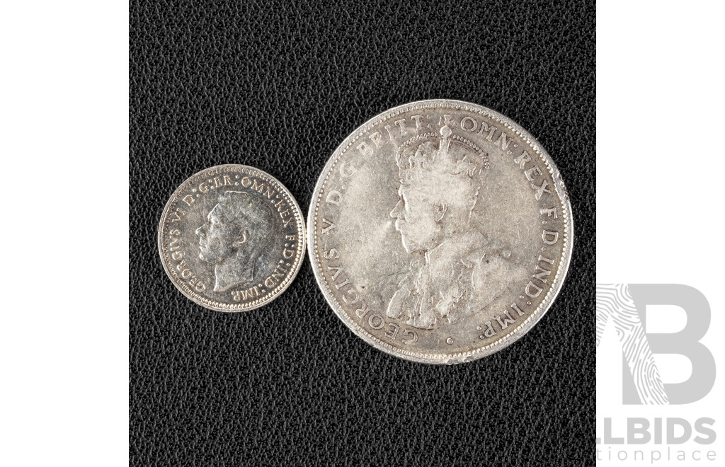 Australian KGV 1933 Silver Florin and 1943 Silver Threepence, High Grade .925