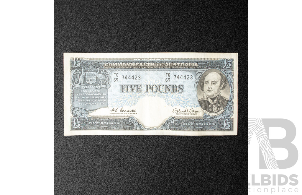 Australian 1960 Five Pound Note, Coombs/Wilson R50, TC69 744423