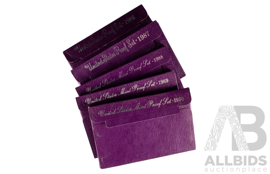 Five United States Mint Proof Year Sets, Consecutive 1986 to 1990