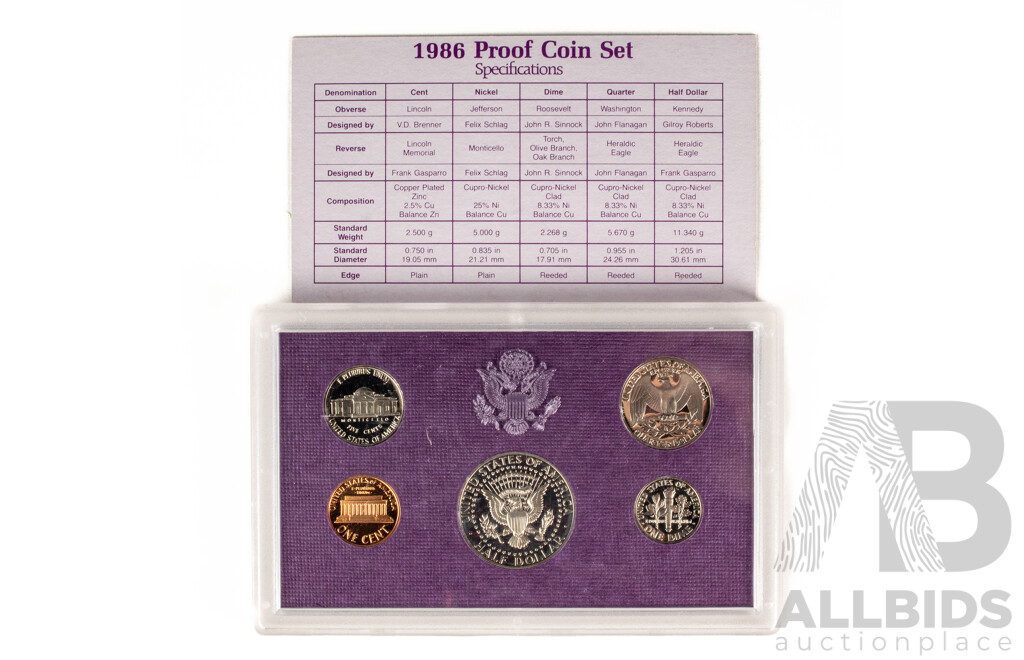 Five United States Mint Proof Year Sets, Consecutive 1986 to 1990