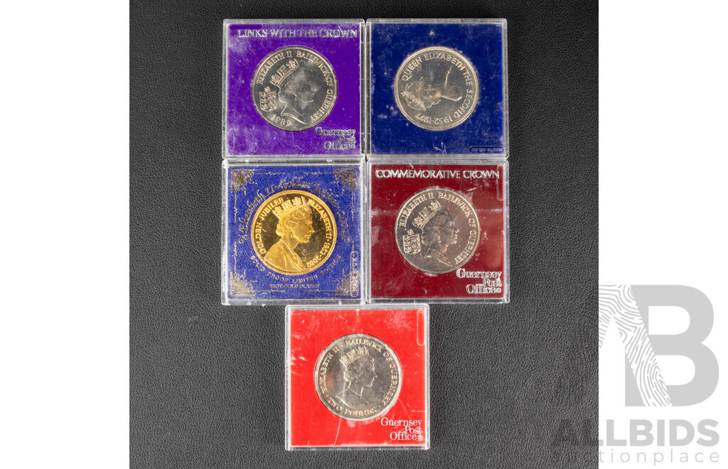 United Kingdom 2002 Gold Plated QE2 Golden Jubilee Coin with Guernsey 1977 Commemorative Crown, 1982,1987,  1990 Two Pound Coins