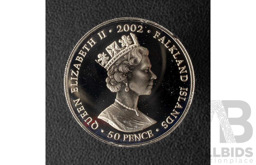 Falkland Islands 2002 Silver Fifty Pence Coin, 50th Anniversary of the Accession of Queen Elizabeth .925