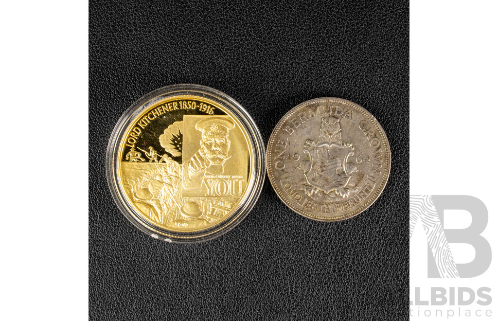 Bermuda 1964 Silver One Crown Coin with Eastern Carbbean States 2003 Gold Plated Two Dollar Coin