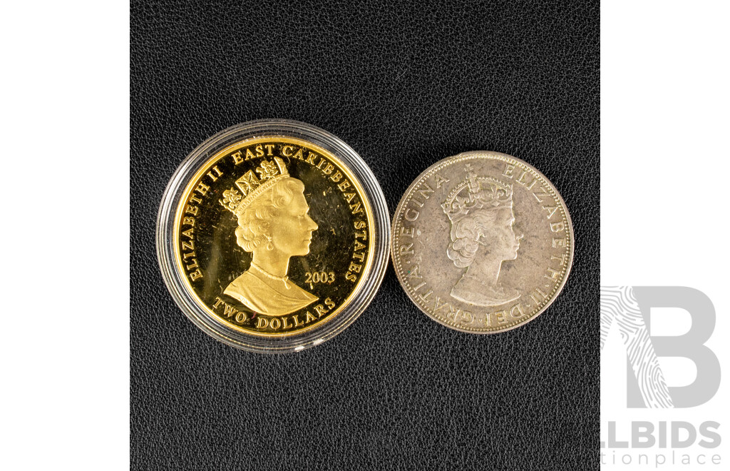 Bermuda 1964 Silver One Crown Coin with Eastern Carbbean States 2003 Gold Plated Two Dollar Coin
