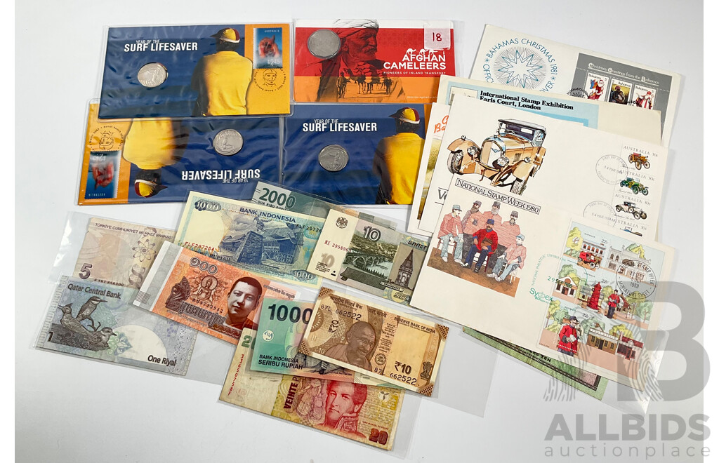 Australian PNCs Including Three 2007 Surf Life Saver, 2020 Afghan Cameleers, 1980’s First Day Covers, International Banknotes Including Nepal Indonesia, Turkey, Qatar, Cambodia, India, Argentina