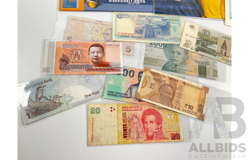 Australian PNCs Including Three 2007 Surf Life Saver, 2020 Afghan Cameleers, 1980’s First Day Covers, International Banknotes Including Nepal Indonesia, Turkey, Qatar, Cambodia, India, Argentina
