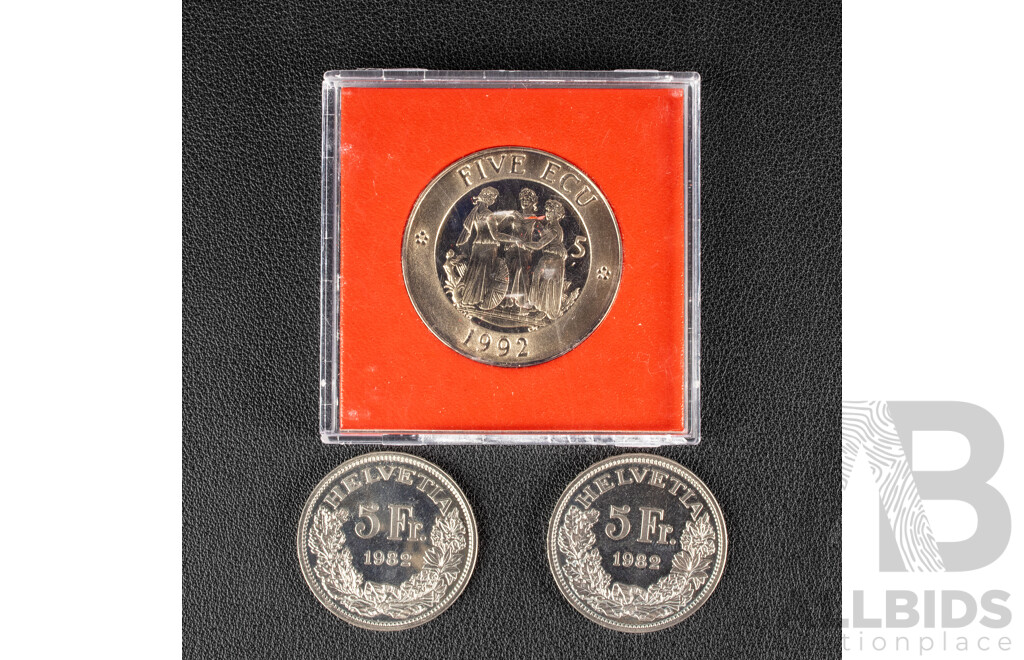 Two Switzerland 1982 Proof Five Francs Coins, United Kingdom 1992 Five Ecu, Three Graces