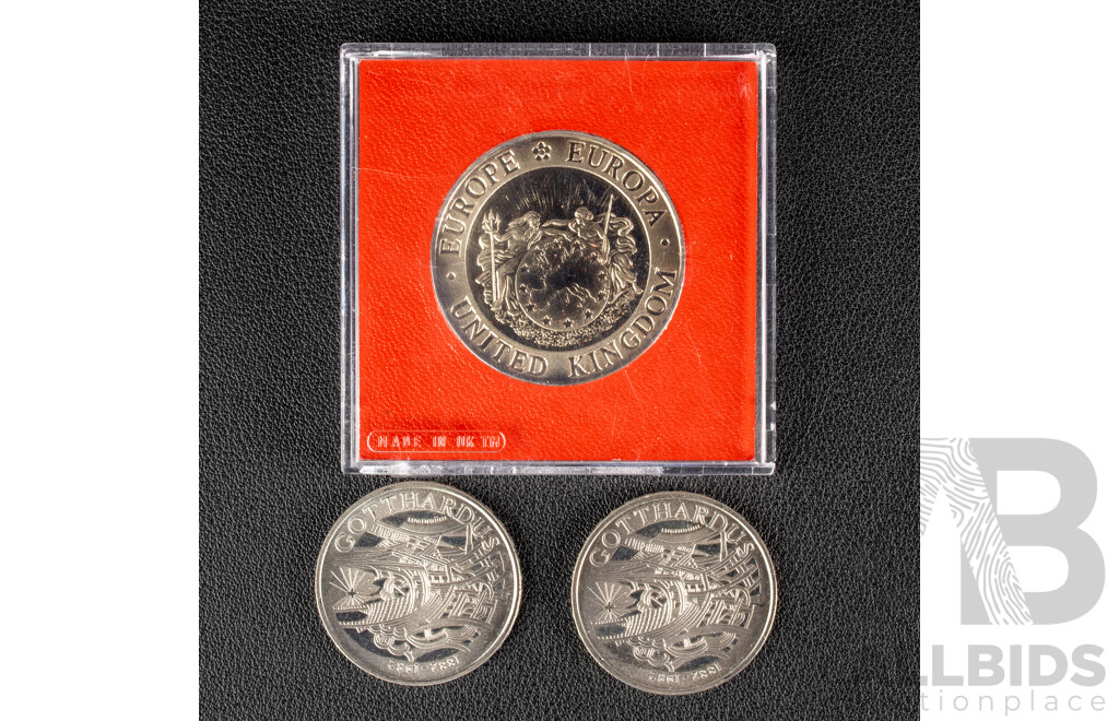 Two Switzerland 1982 Proof Five Francs Coins, United Kingdom 1992 Five Ecu, Three Graces