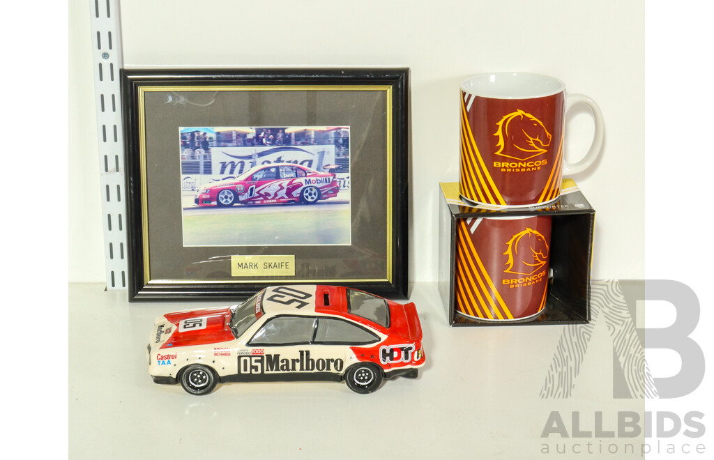 Peter Brock Holden Torana Ceramic Money Box, Framed Mark Skaife Holden Commodore Photo, Two Oversize Brisbane Broncos Mugs