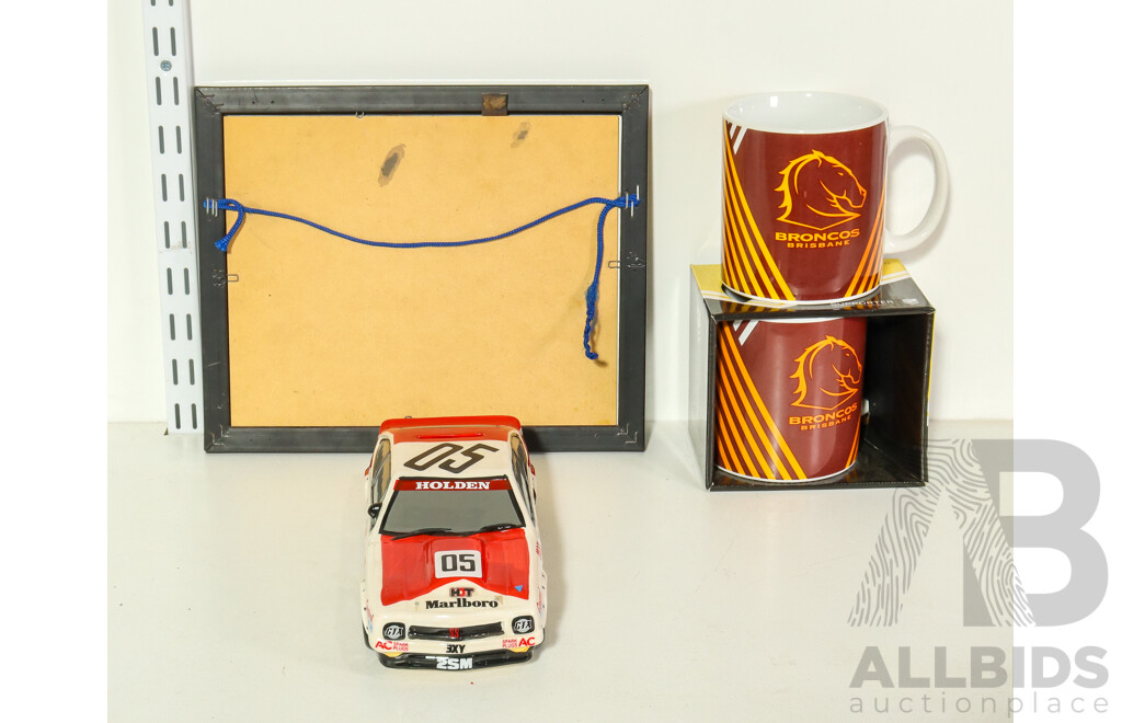 Peter Brock Holden Torana Ceramic Money Box, Framed Mark Skaife Holden Commodore Photo, Two Oversize Brisbane Broncos Mugs