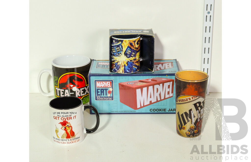 Marvel Ceramic Ceramic Cookie Jar, Oversize Tea-Rex Jurassic Park Mug, Doctor Who Mug, Get Over It Mug, Jim Beam Glass