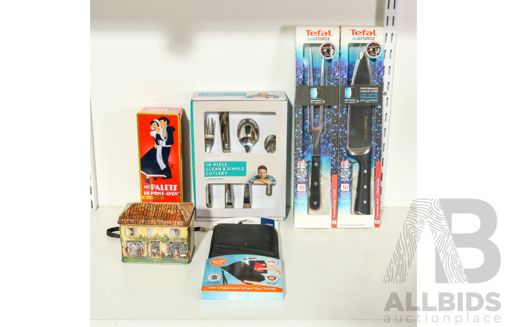 Boxed Tefal Ice Force Knive and Fork, Jamie Oliver Sixteen Piece Cutlery Set, RFID Protection Wallet and Two Vintage Tins