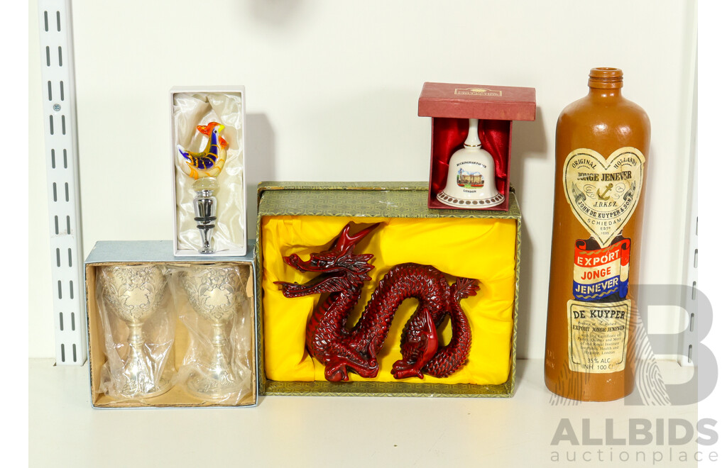 Vintage Jonge Jenever Stone De Kuyper Bottle, Two Matching Ornate Silver Tone Goblets, Murano Style Glass Chicken Wine Bottle Stopper, English Ceramics Collection Buckingham Palace Bell, Resin Feng Shui Dragon