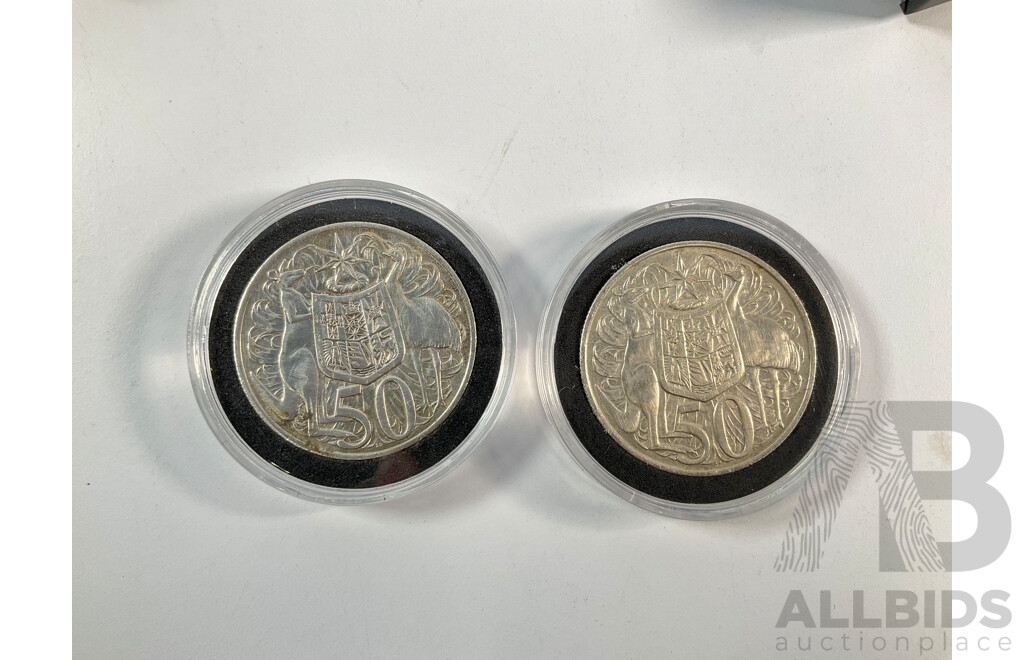 Two Australian 1966 Round Silver Fifty Cent Coins, The Droving Dog Gift Packs .800