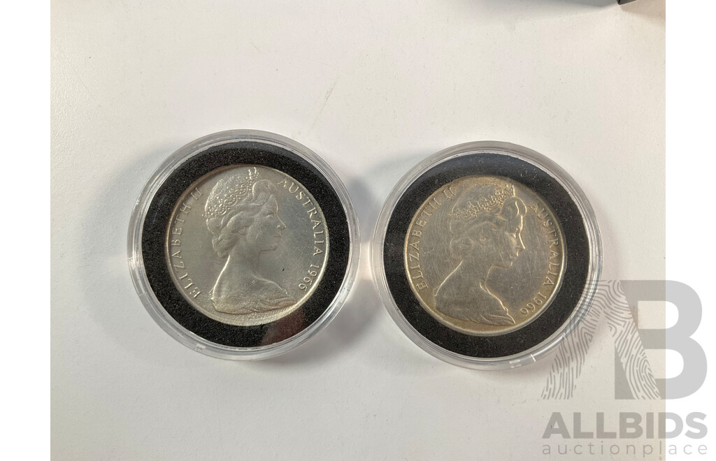 Two Australian 1966 Round Silver Fifty Cent Coins, The Droving Dog Gift Packs .800