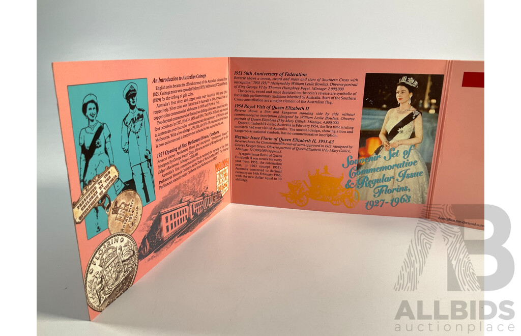 Australian Sherwood Souvenir Set of Commemorative and Regular Issue Florins, Including 1927, 1951, 1954 Commemoratives and 1956