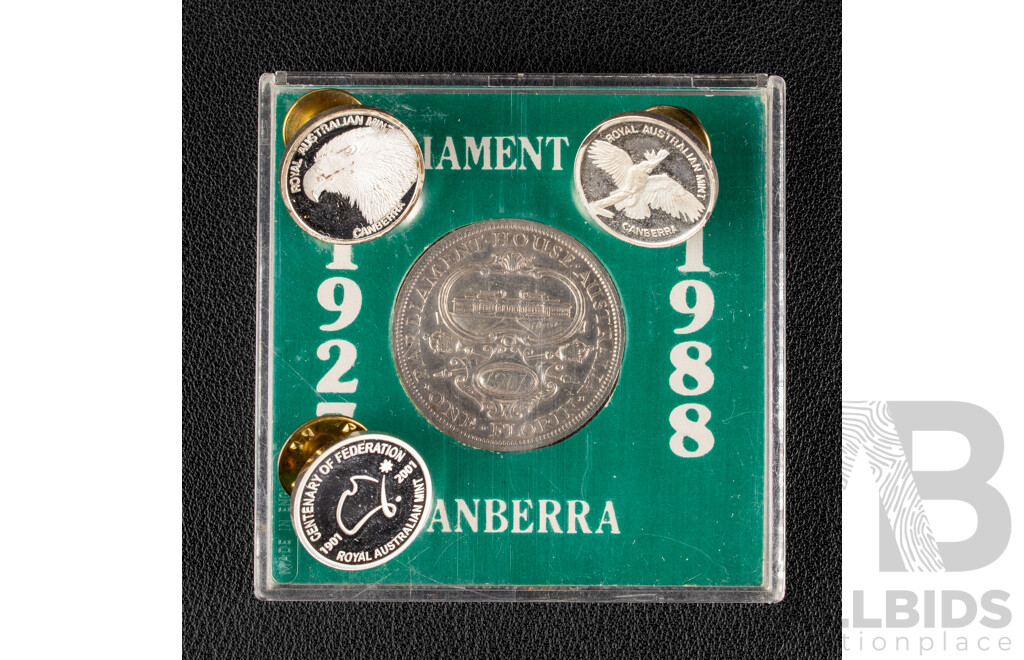 Australian 1927 KGV Silver Florin, Commemorative Parliament House with Three Royal Australian Mint Lapel Pins