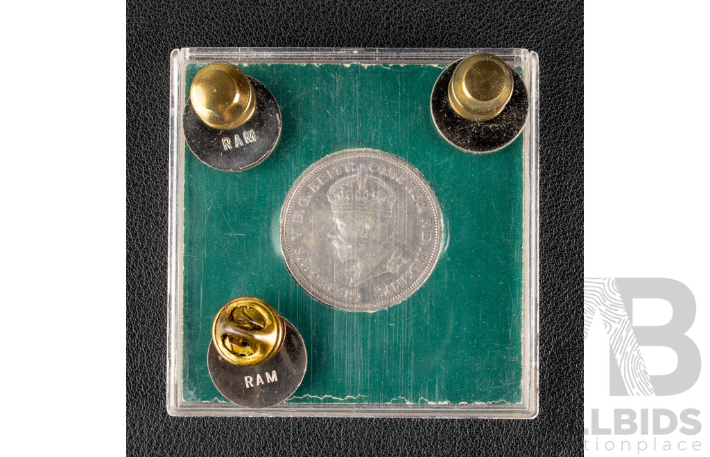 Australian 1927 KGV Silver Florin, Commemorative Parliament House with Three Royal Australian Mint Lapel Pins