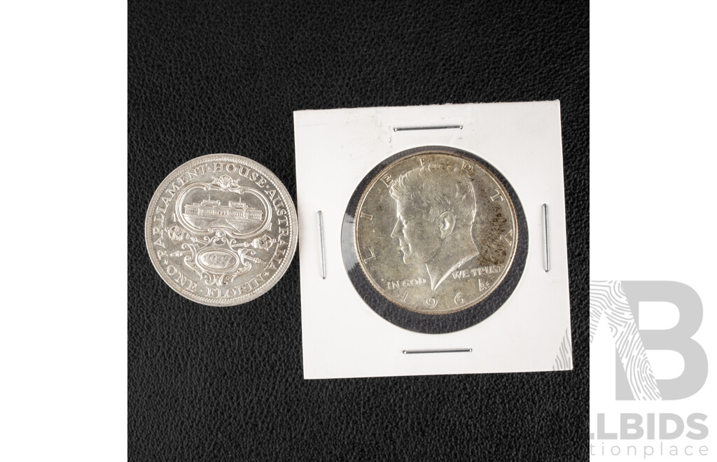 Australian 1927 KGV Silver Florin, Commemorative Parliament House and USA 1964 Kennedy Half Dollar
