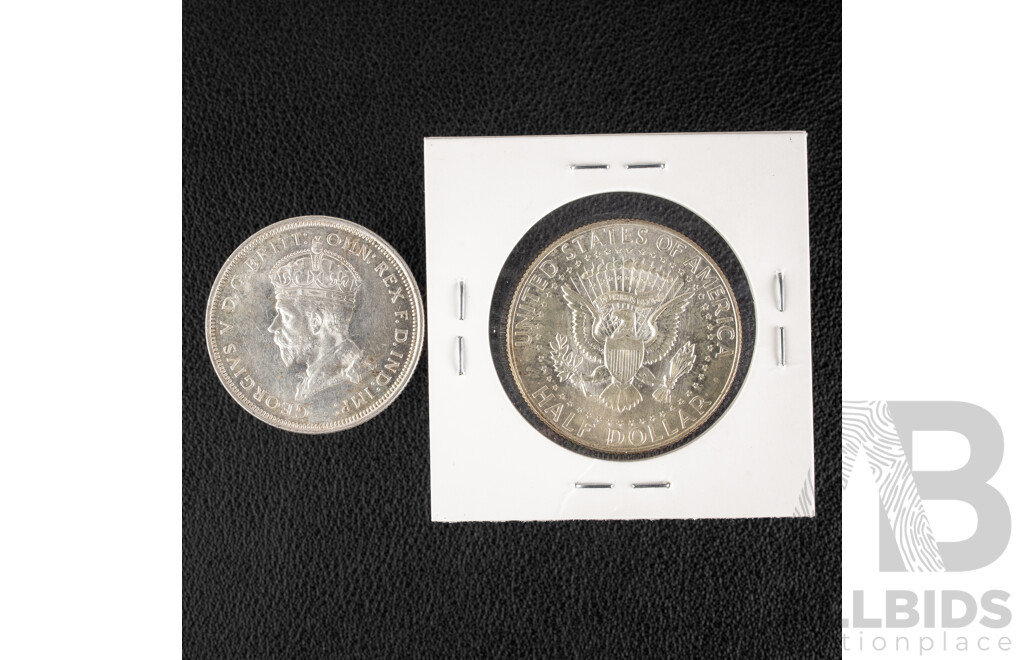 Australian 1927 KGV Silver Florin, Commemorative Parliament House and USA 1964 Kennedy Half Dollar