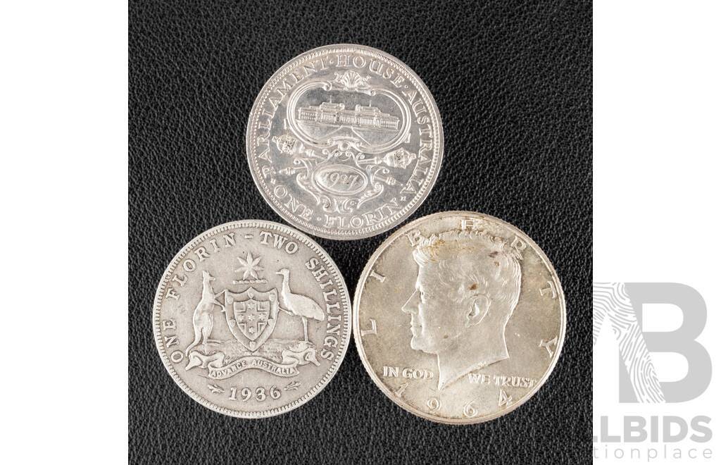 Australian 1927 KGV Silver Florin, Commemorative Parliament House and 1936 Florin with USA 1964 Kennedy Half Dollar
