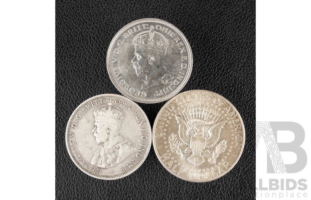 Australian 1927 KGV Silver Florin, Commemorative Parliament House and 1936 Florin with USA 1964 Kennedy Half Dollar