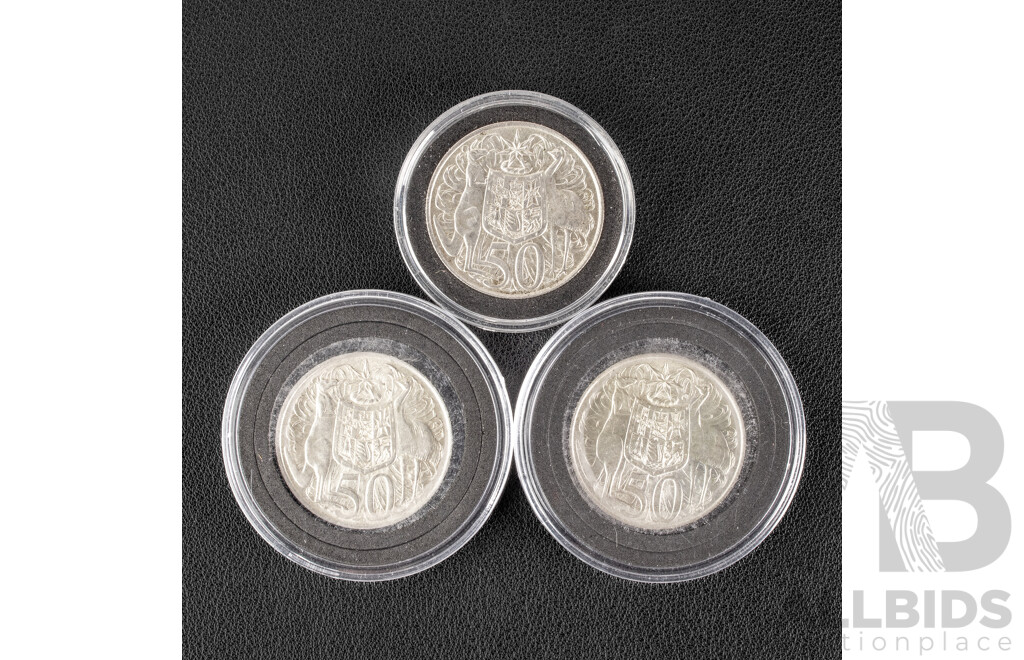 Three Australian 1966 Round Silver Fifty Cent Coins .800